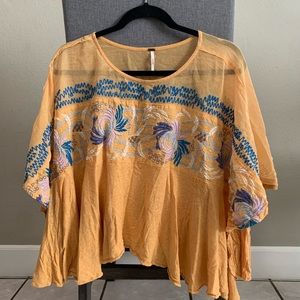 Free People Love Letter Top Small Yellow Blue Floral Embroidery.